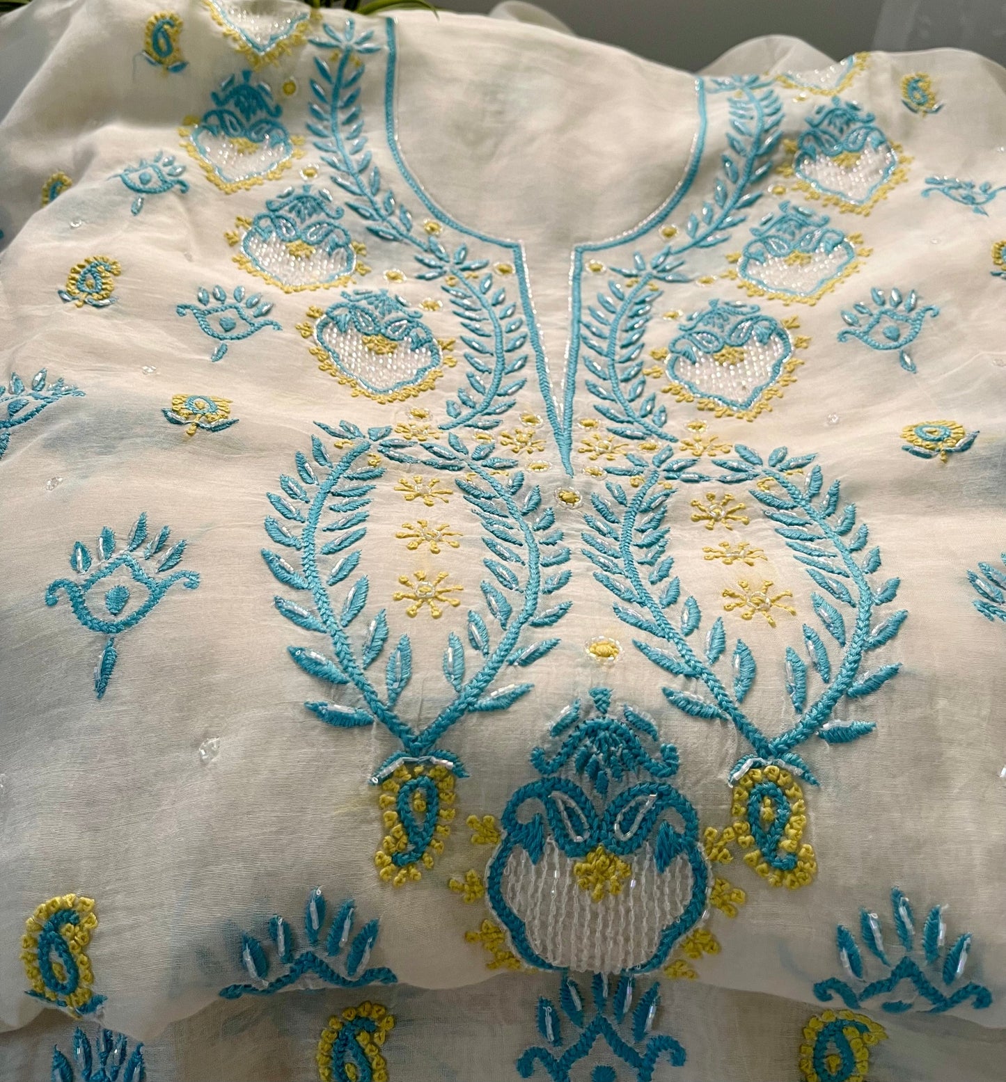 Blue Lime Mul Chanderi Chikankari Suit Set