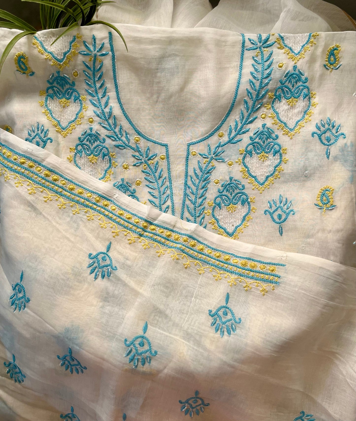 Blue Lime Mul Chanderi Chikankari Suit Set