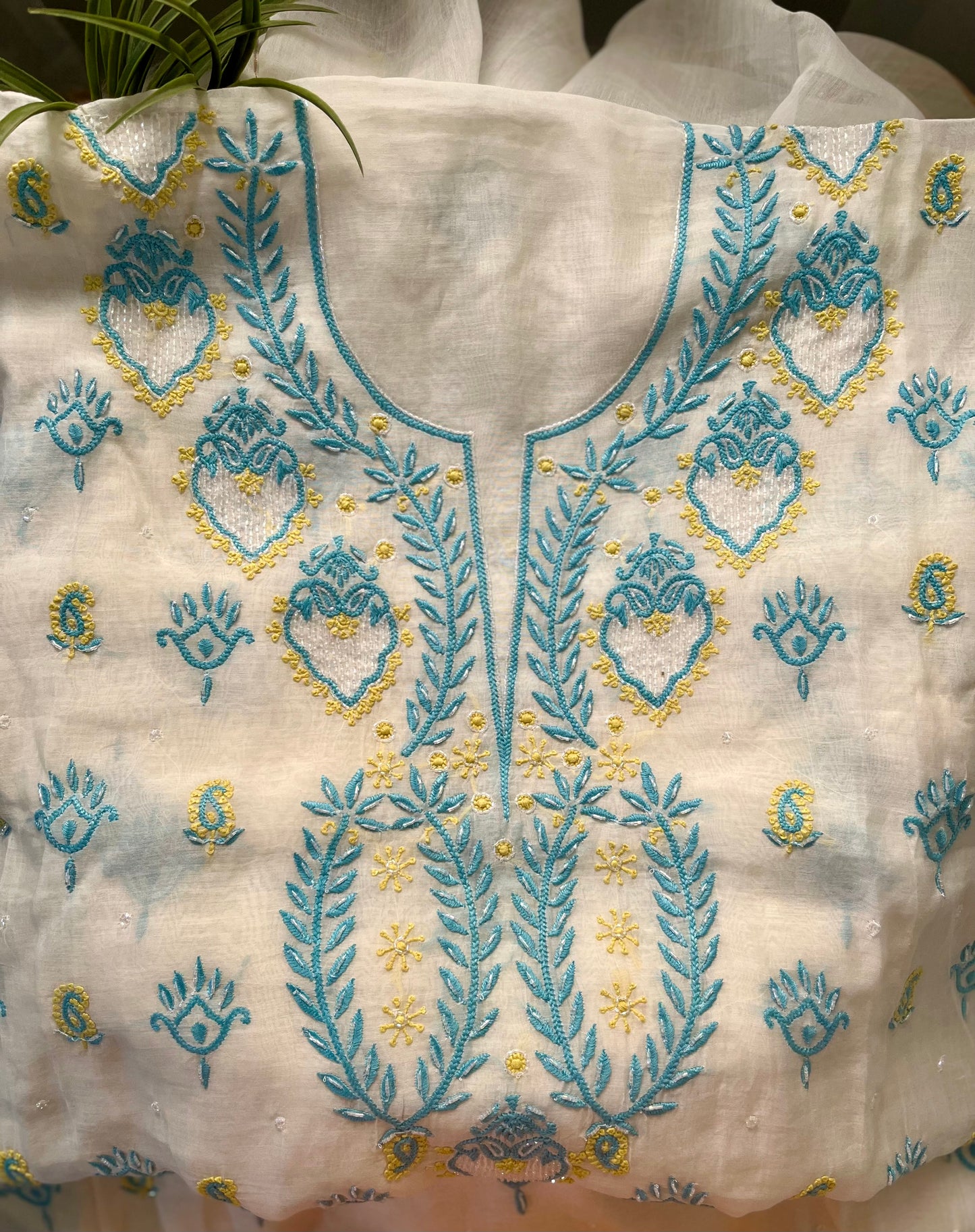 Blue Lime Mul Chanderi Chikankari Suit Set