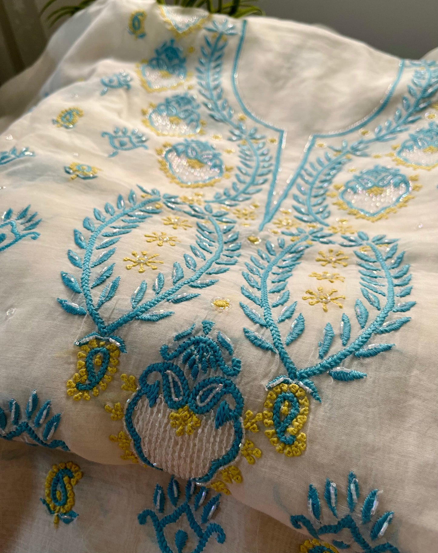 Blue Lime Mul Chanderi Chikankari Suit Set
