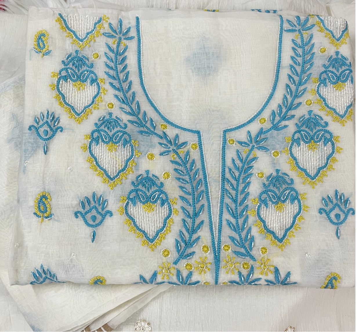 Blue Lime Mul Chanderi Chikankari Suit Set