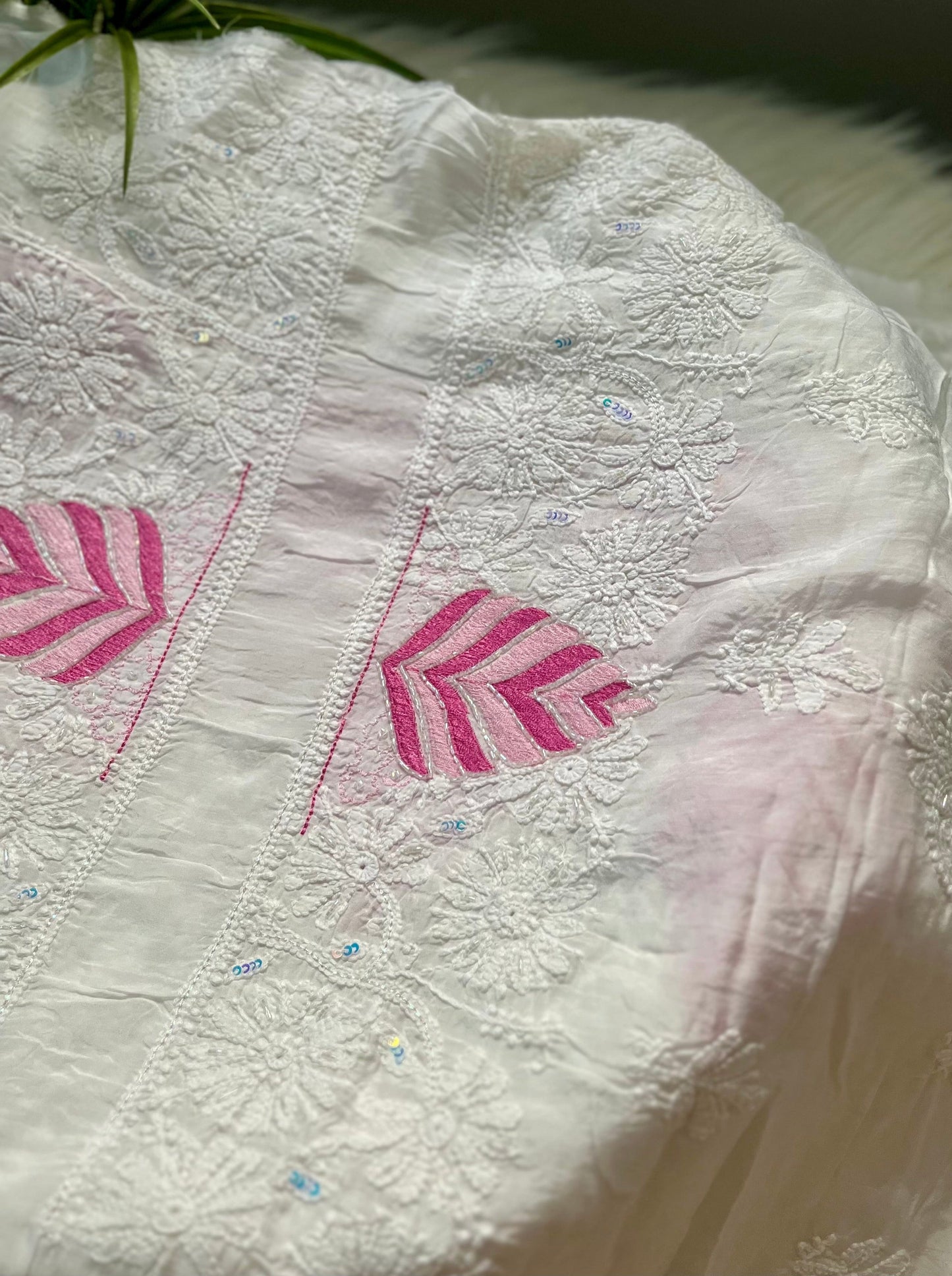Pink and Magenta Pink Muslin Chikankari Kurta Sequin