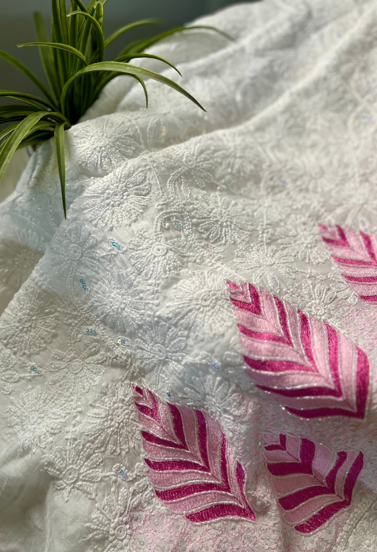 Pink and Magenta Pink Muslin Chikankari Kurta Sequin