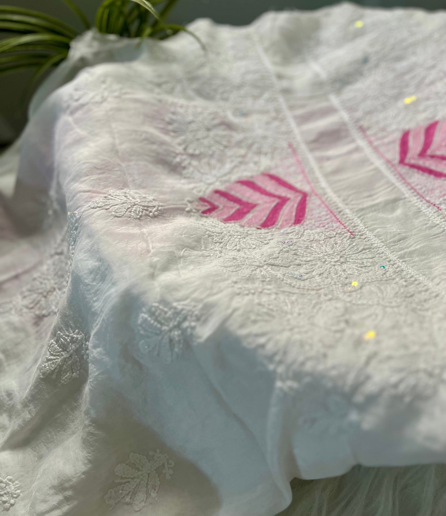 Pink and Magenta Pink Muslin Chikankari Kurta Sequin