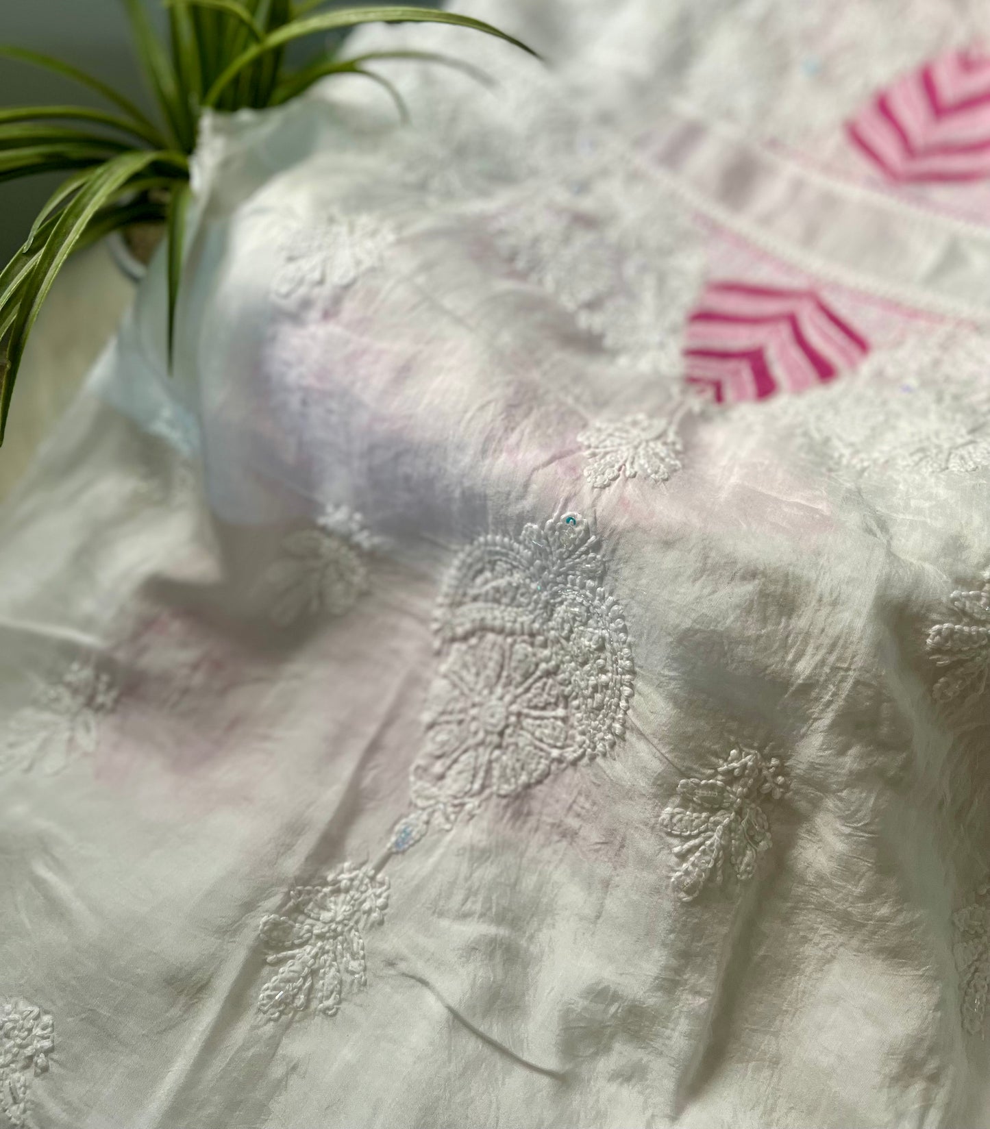 Pink and Magenta Pink Muslin Chikankari Kurta Sequin
