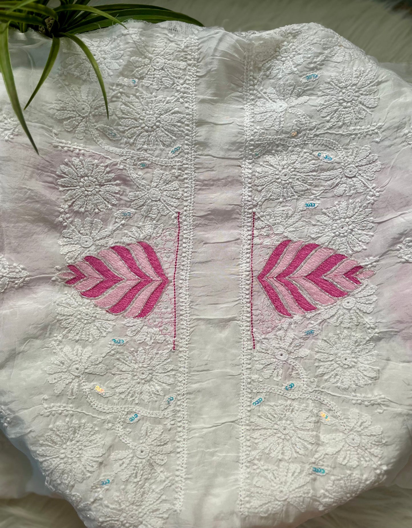 Pink and Magenta Pink Muslin Chikankari Kurta Sequin