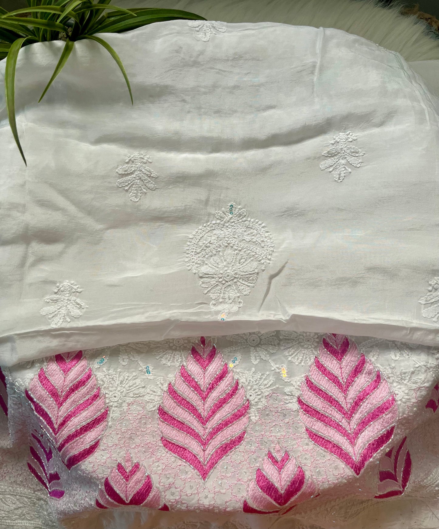 Pink and Magenta Pink Muslin Chikankari Kurta Sequin