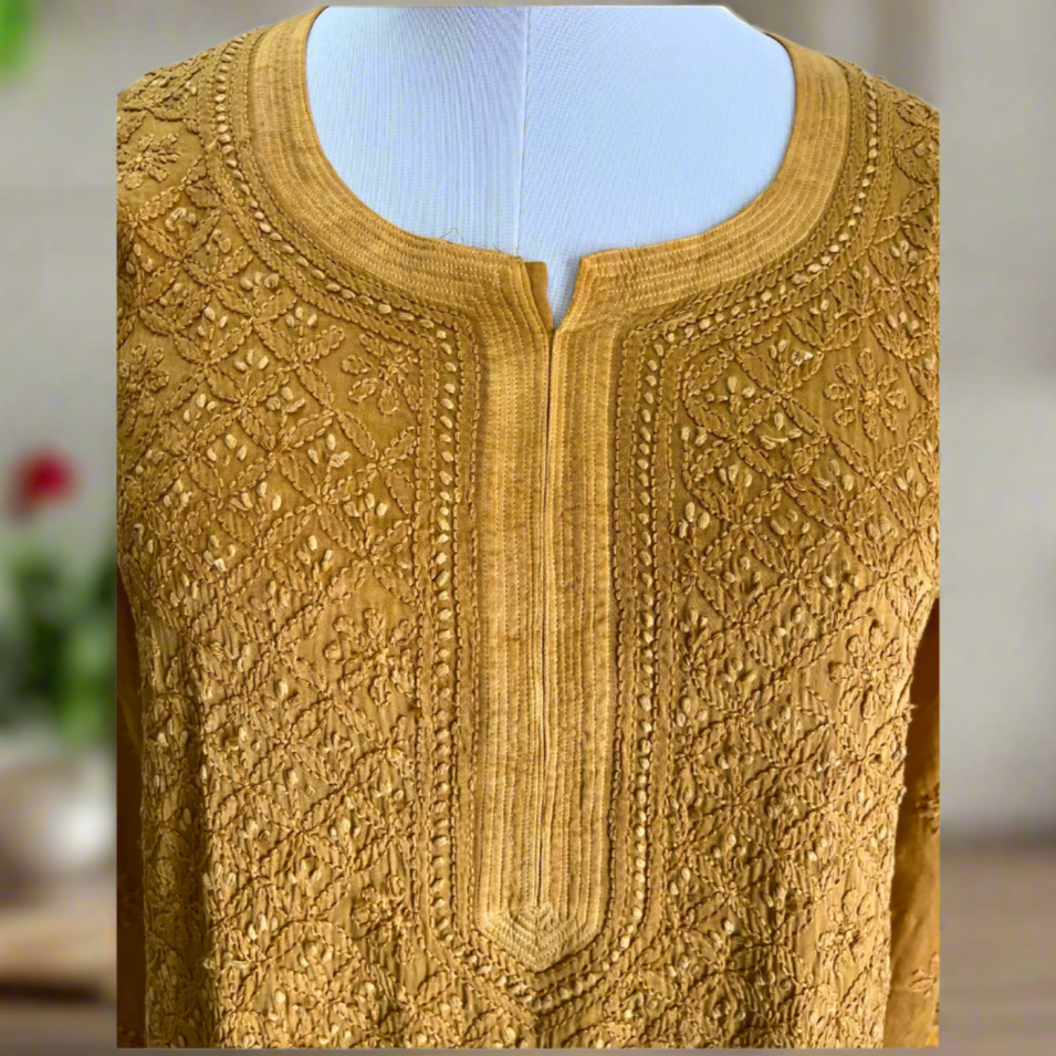 Golden Modal Satin Chikankari Kurta