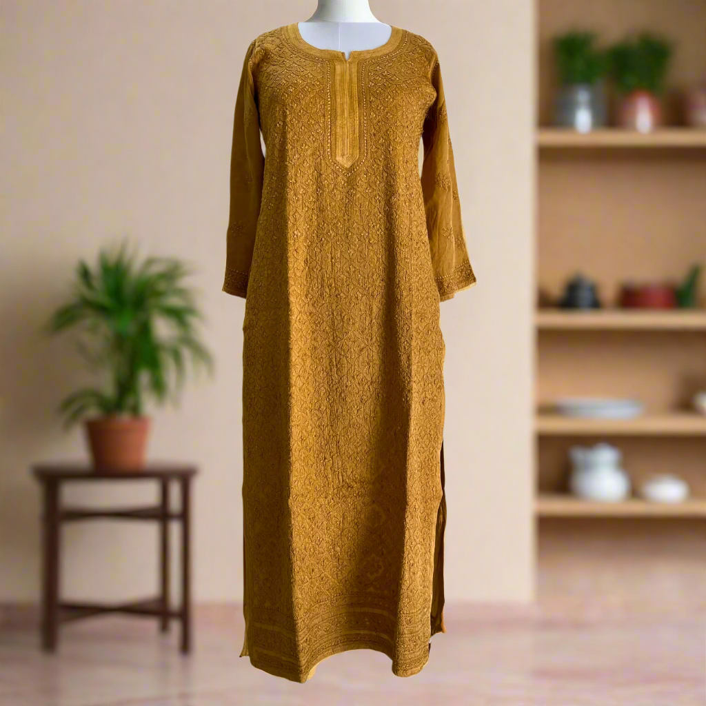 Golden Modal Satin Chikankari Kurta