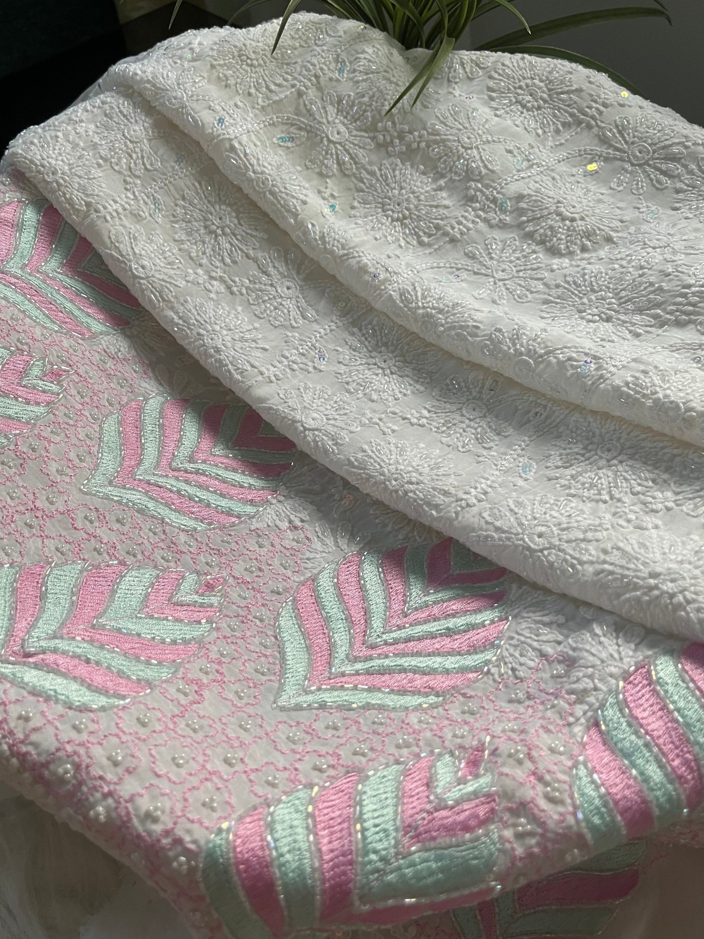 Pink and Mint Green Muslin Chikankari Kurta Sequin