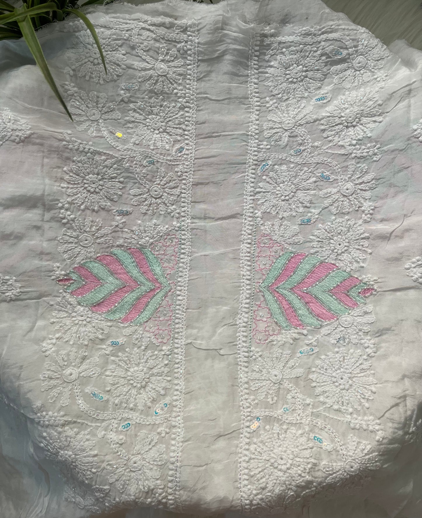 Pink and Mint Green Muslin Chikankari Kurta Sequin