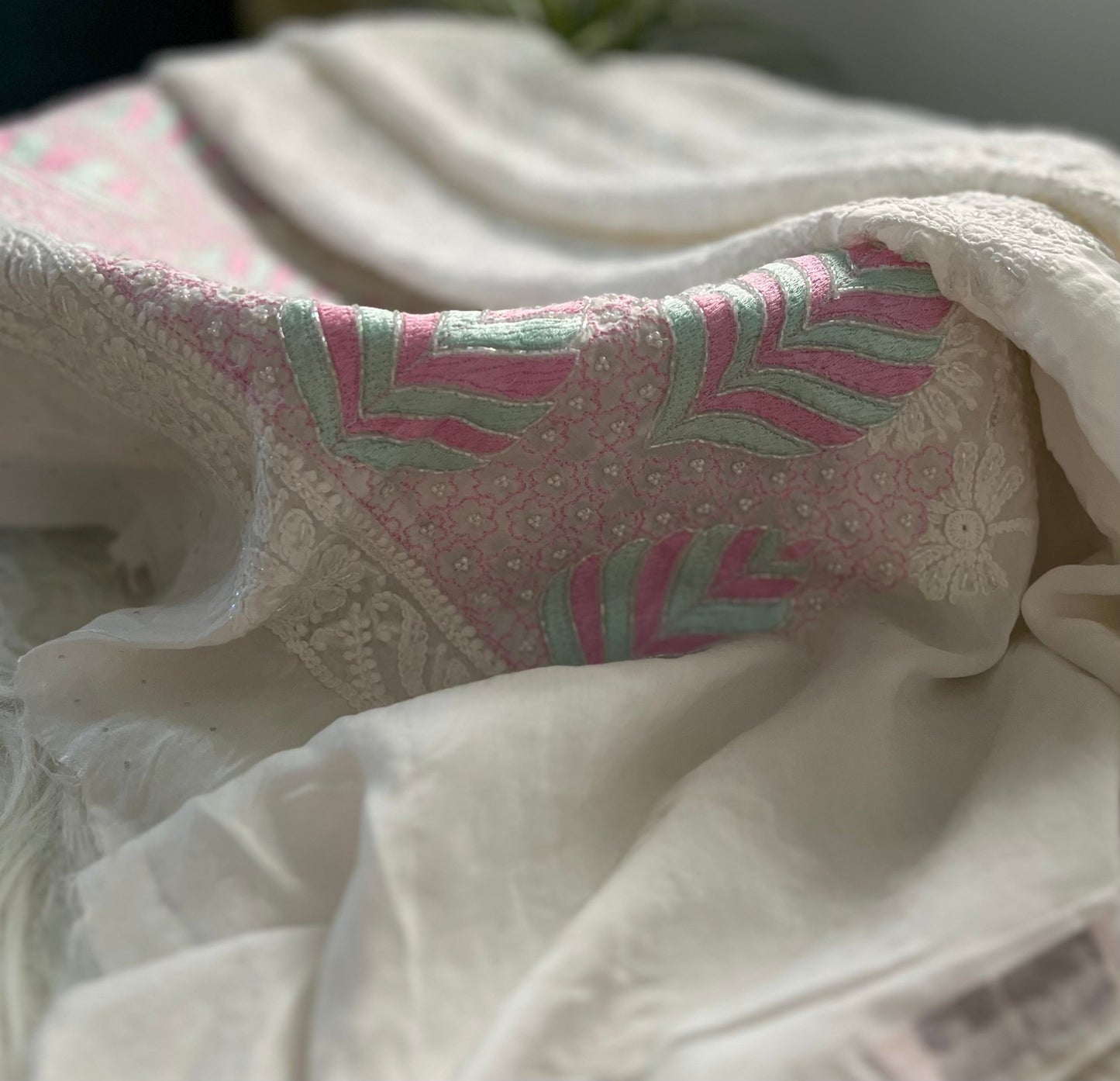 Pink and Mint Green Muslin Chikankari Kurta Sequin
