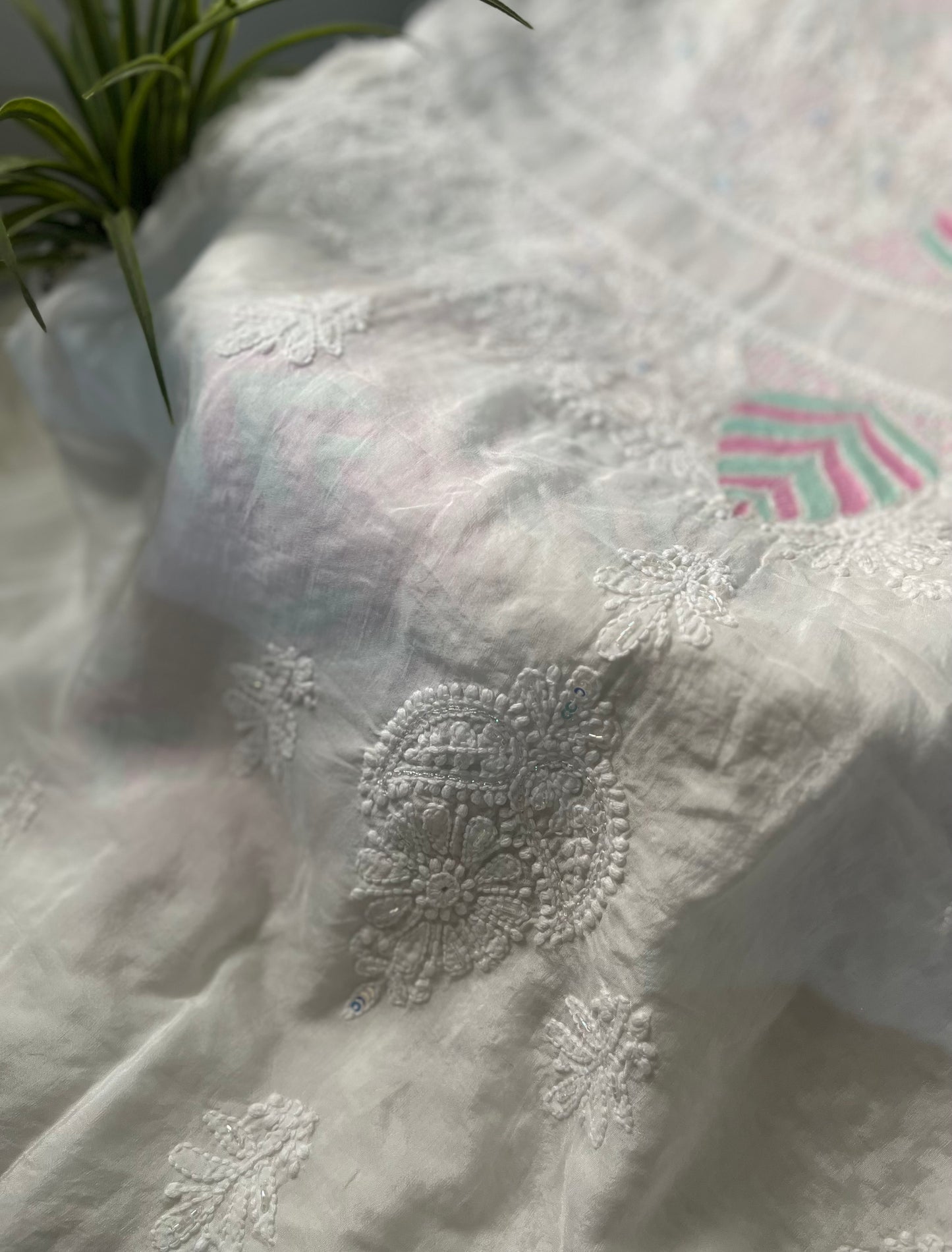 Pink and Mint Green Muslin Chikankari Kurta Sequin