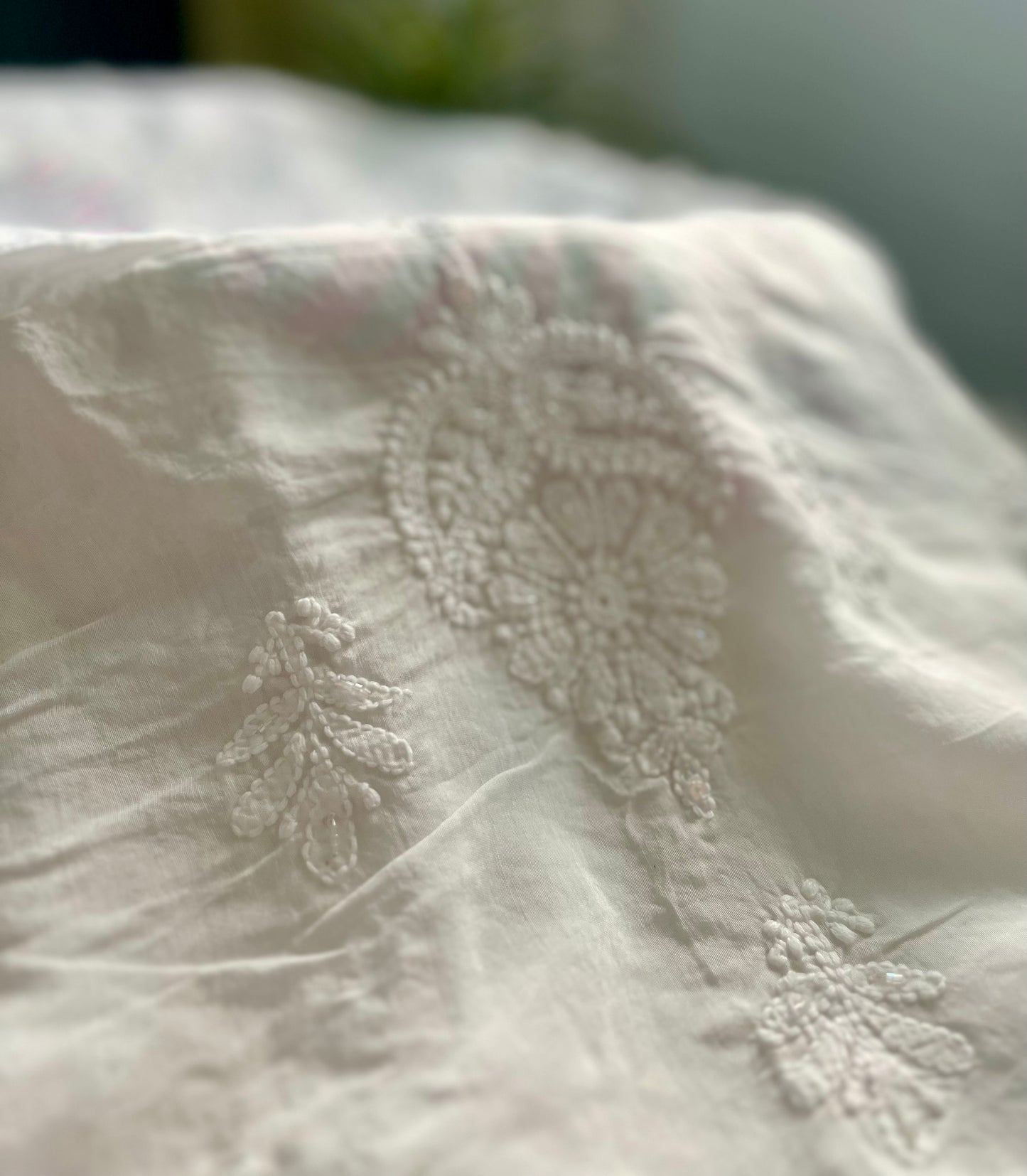 Pink and Mint Green Muslin Chikankari Kurta Sequin