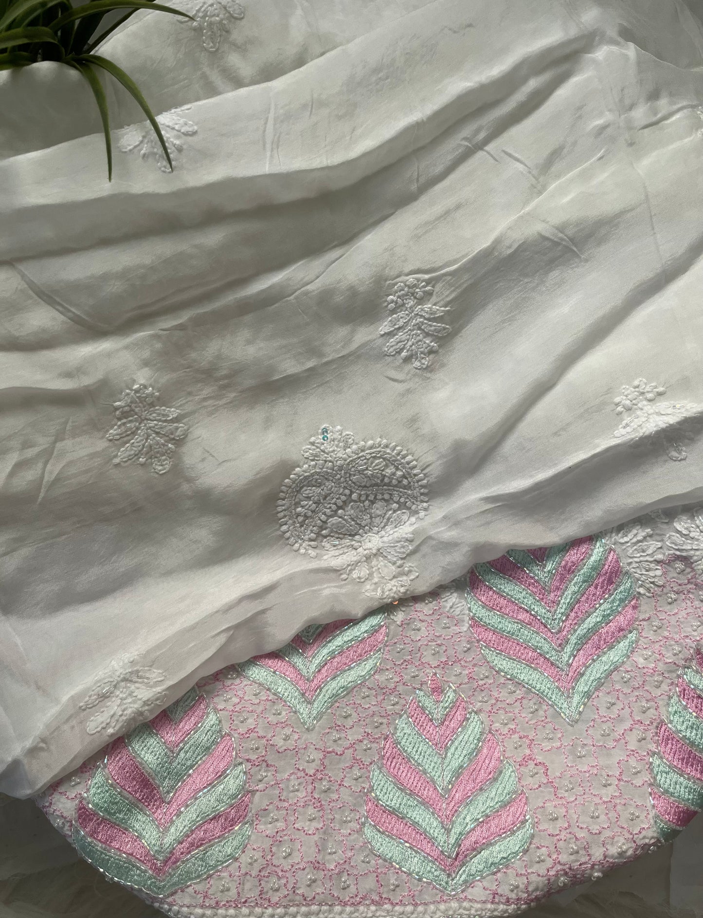 Pink and Mint Green Muslin Chikankari Kurta Sequin