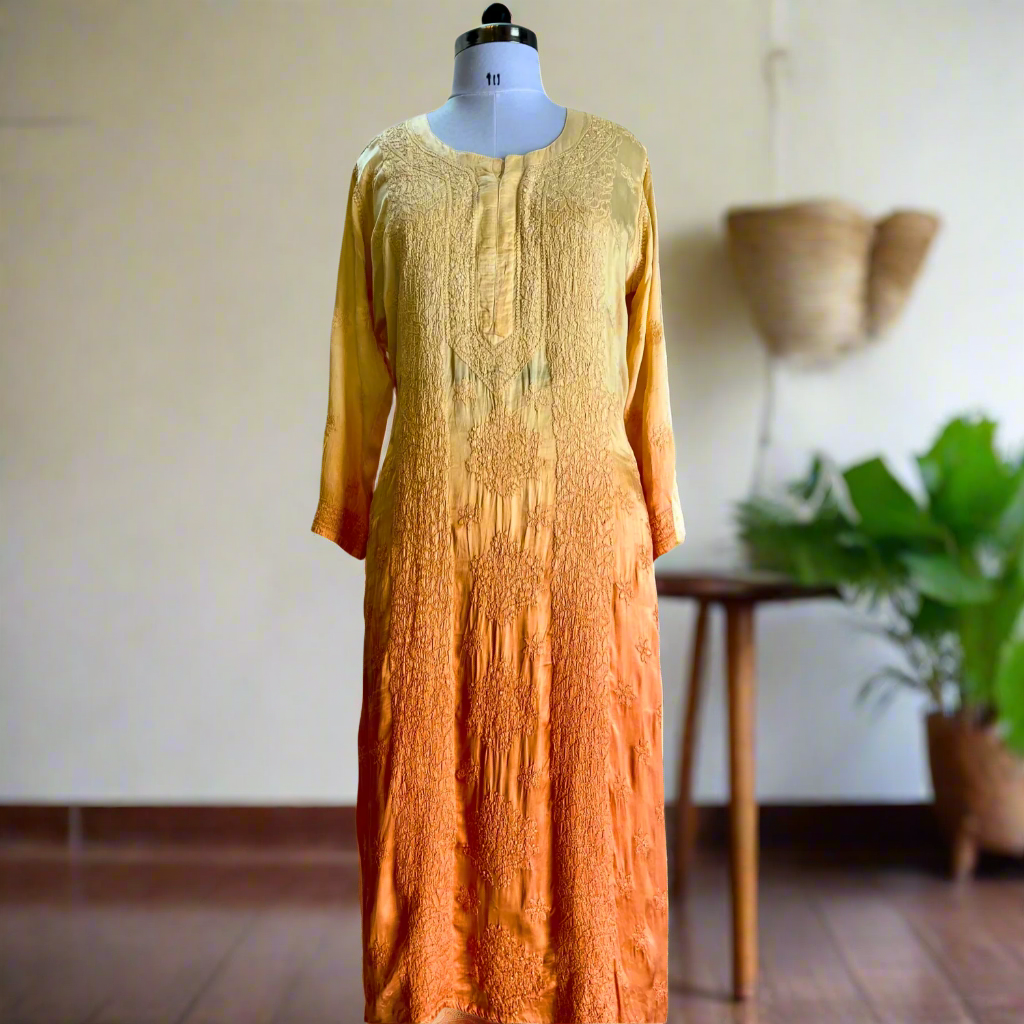 Orange Ombre Modal Satin Chikankari Kurta