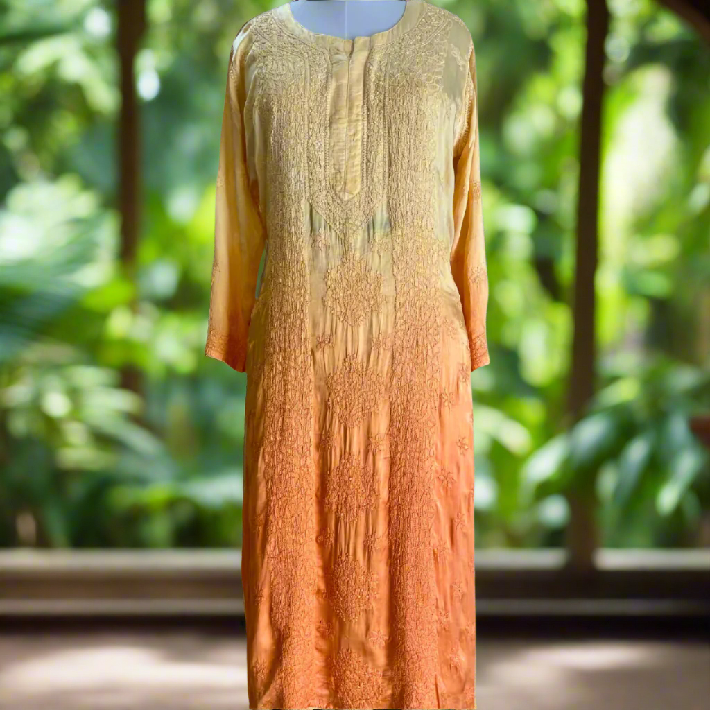 Orange Ombre Modal Satin Chikankari Kurta