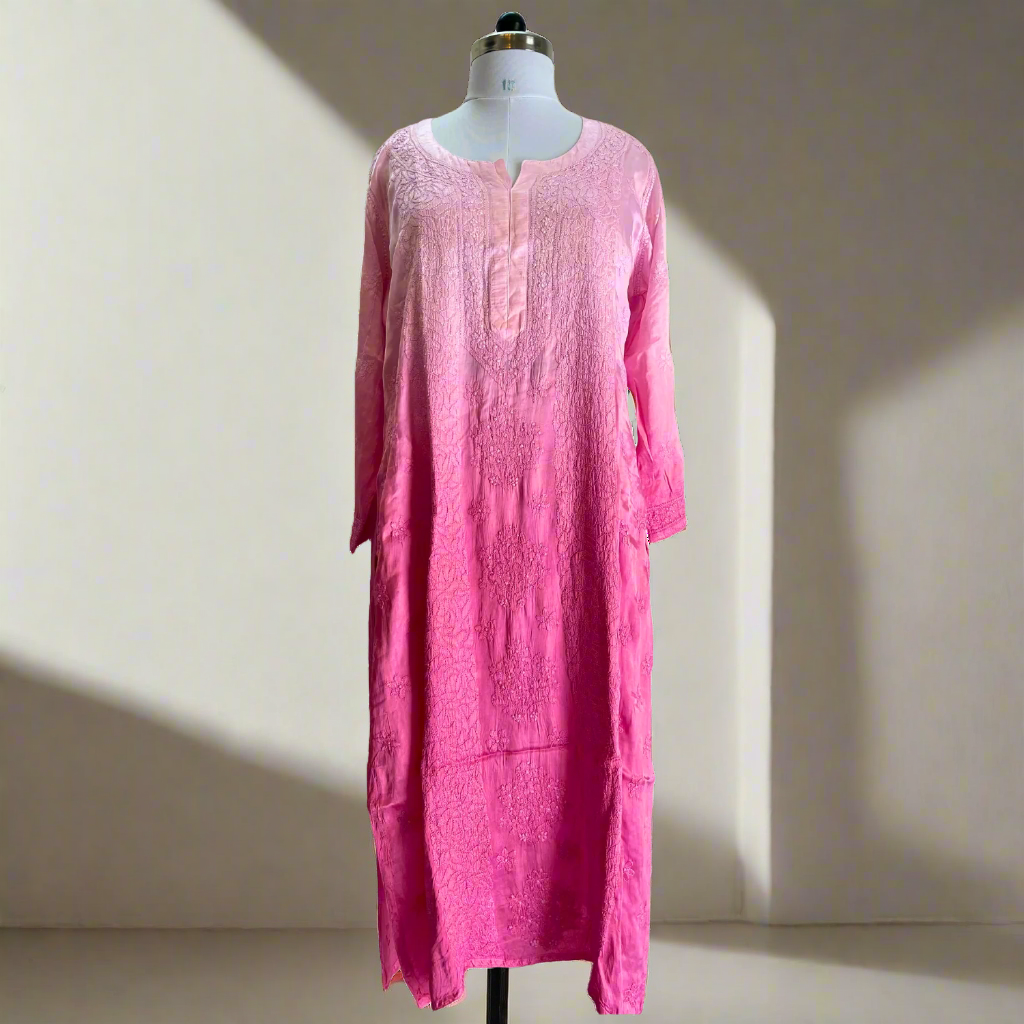 Pink Ombre Modal Satin Chikankari Kurta