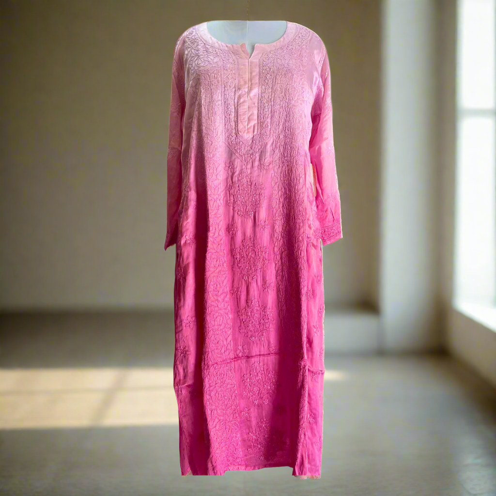Pink Ombre Modal Satin Chikankari Kurta