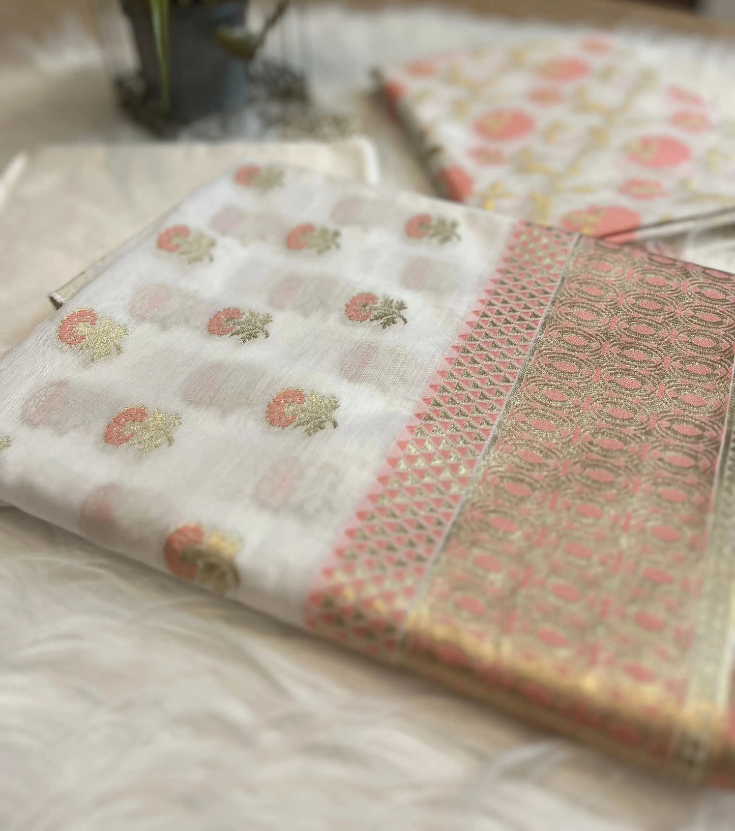 White Peach Banarasi Muslin Cotton Suit Set