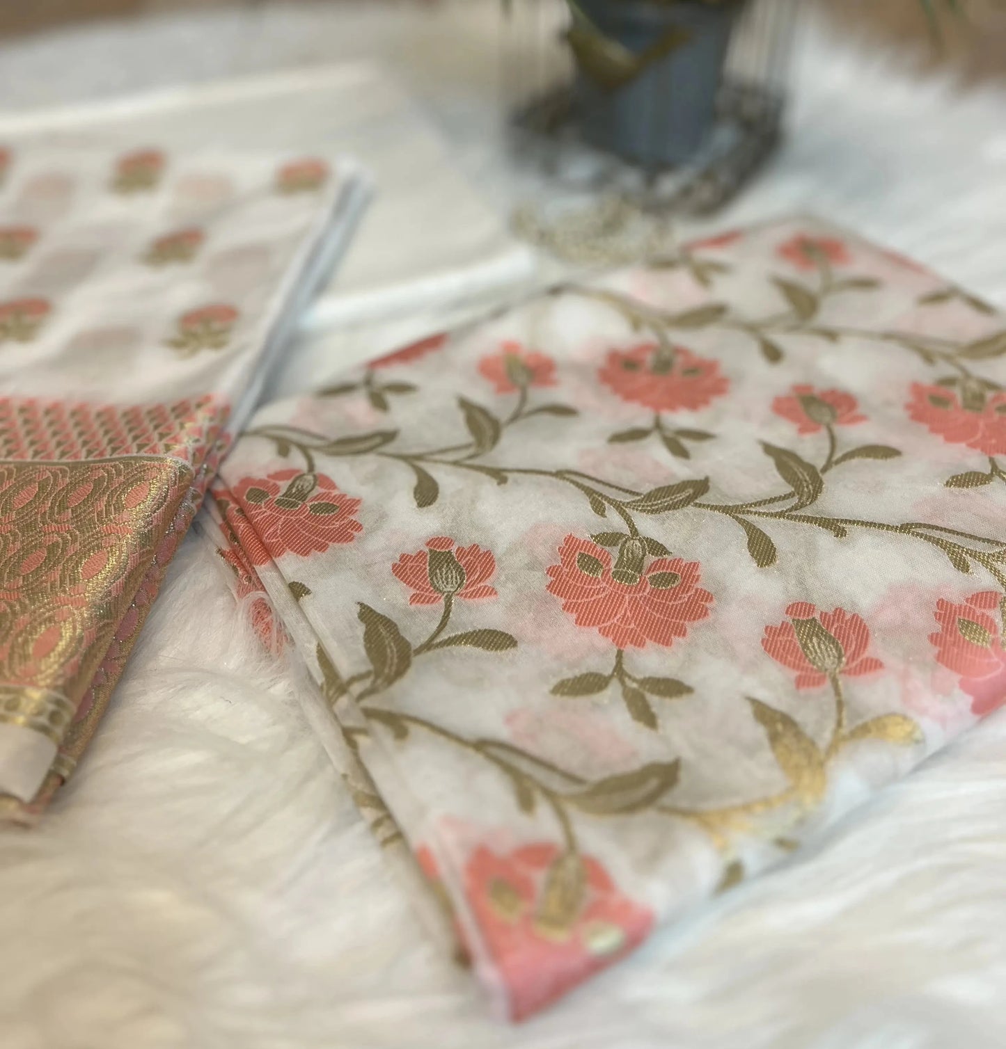 White Peach Banarasi Muslin Cotton Suit Set