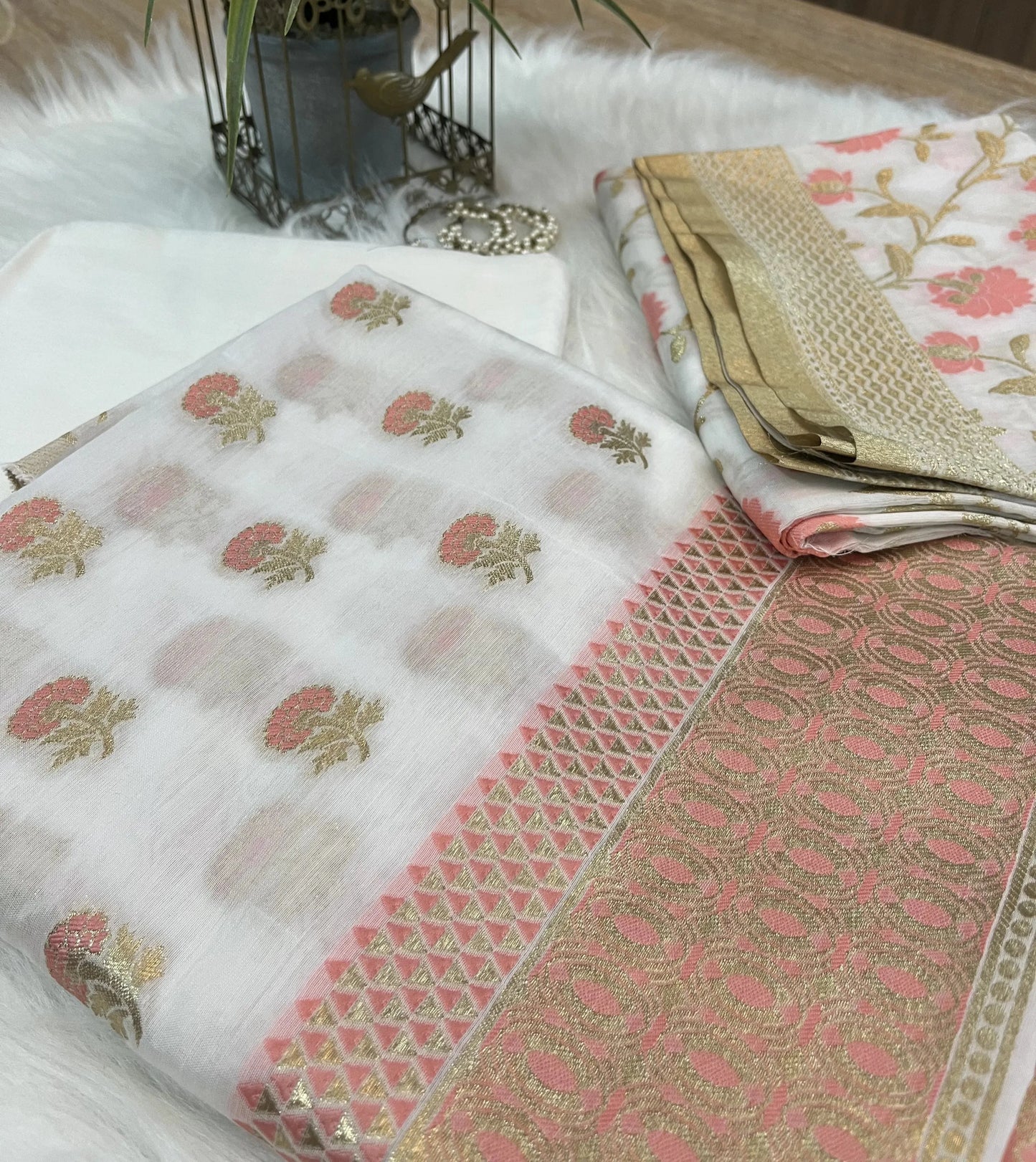 White Peach Banarasi Muslin Cotton Suit Set
