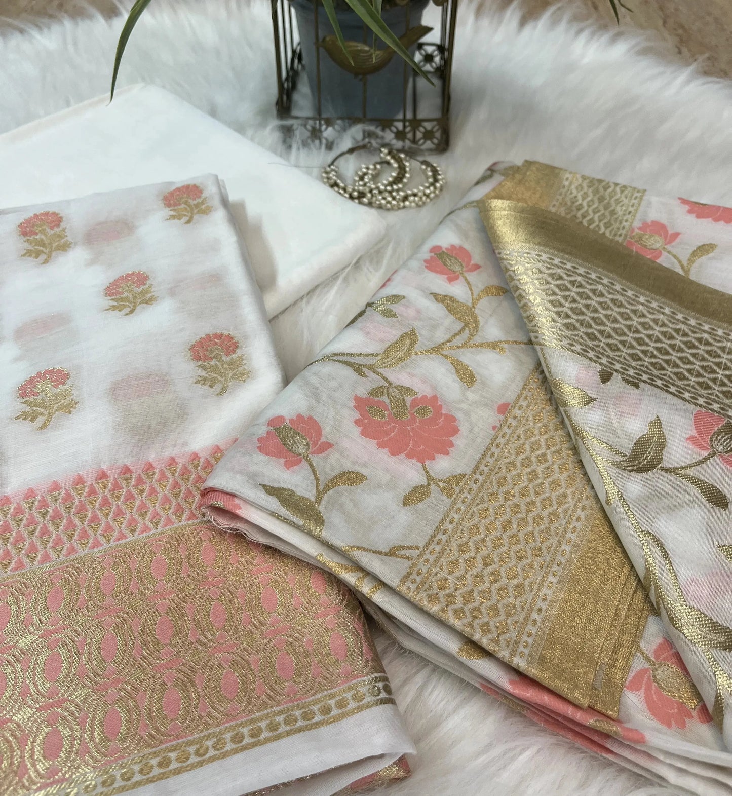 White Peach Banarasi Muslin Cotton Suit Set