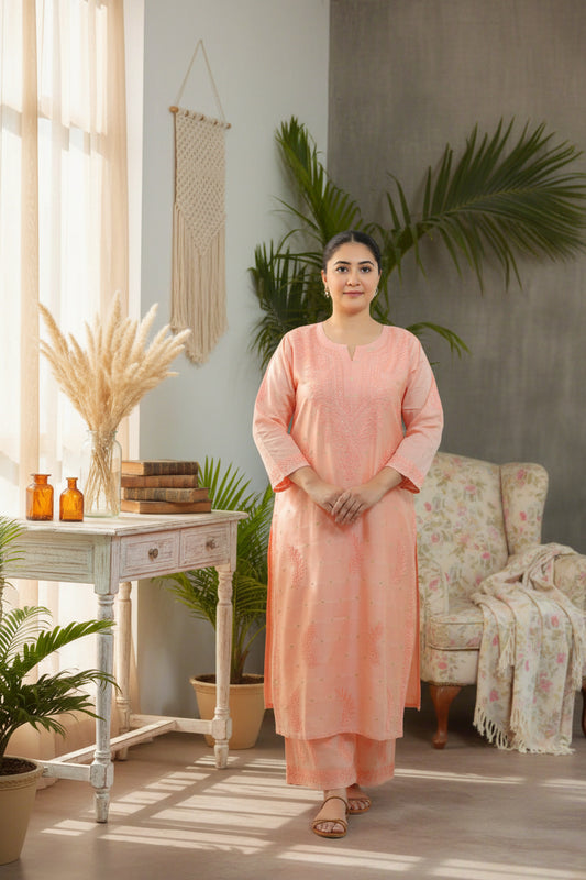 Peach Chanderi Chikankari Kurta Pant Set