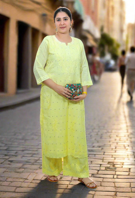Yellow Ombre Chikankari Chanderi Kurta Pant Set