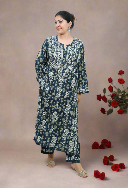 Royal Blue Chikankari Modal Flora Kurta Pant Set