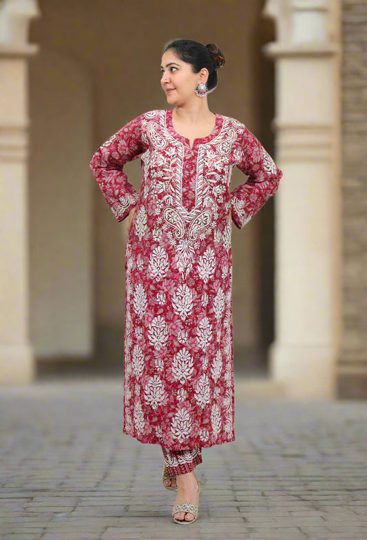 Pink Chikankari Modal Flora Kurta Pant Set
