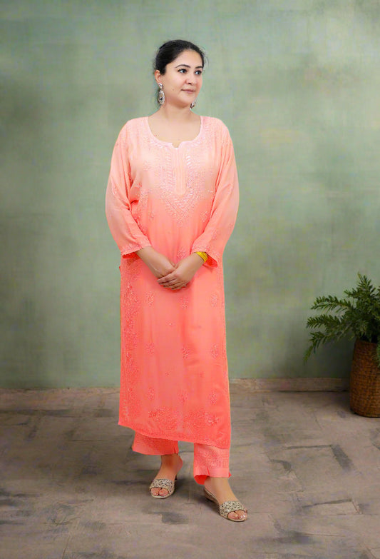 Orange Ombre Muslin Chikankari Kurta Set