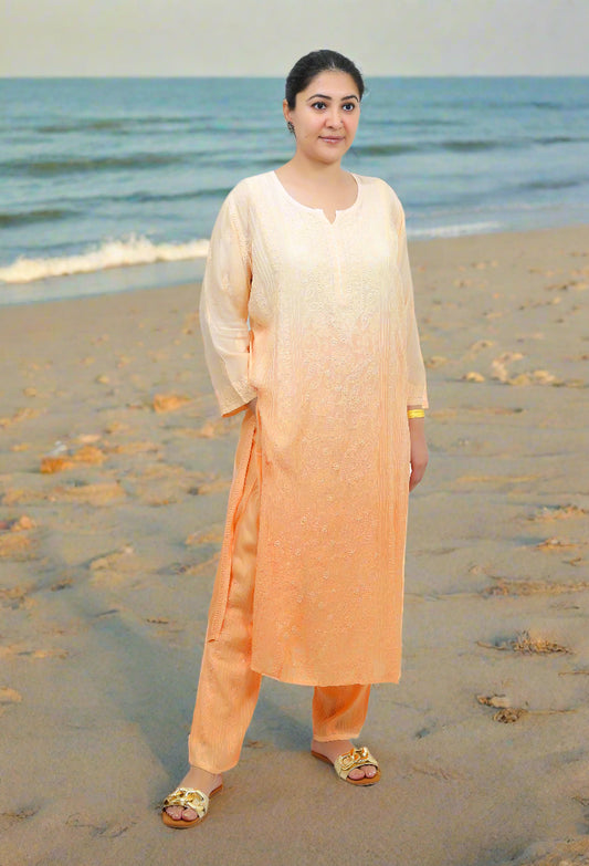 Orange Ombre Muslin Pintuck Chikankari Kurta Set