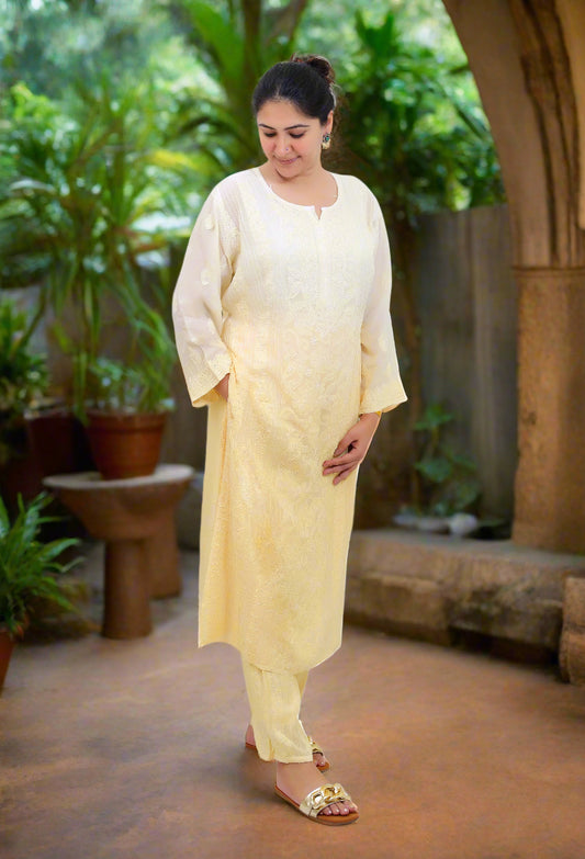 Yellow Ombre Muslin Pintuck Chikankari Kurta Set