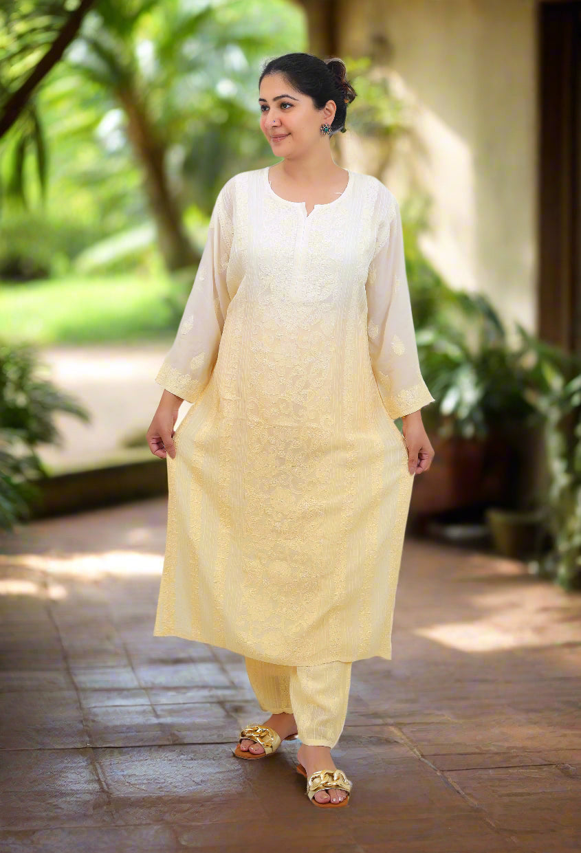 Yellow Ombre Muslin Pintuck Chikankari Kurta Set