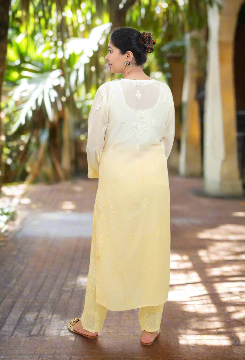 Yellow Ombre Muslin Pintuck Chikankari Kurta Set