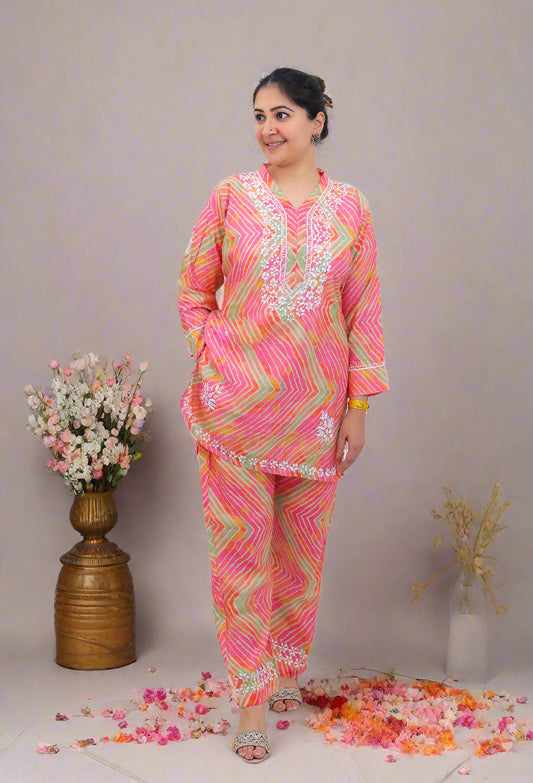 Leheriya Pink Chikankari Co-ord Set