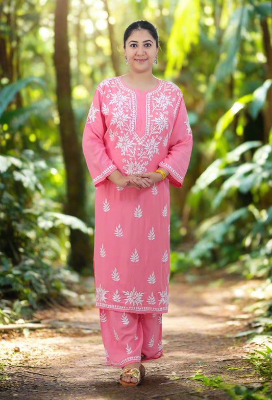 Pink Chikankari Modal Kurta Pant Set