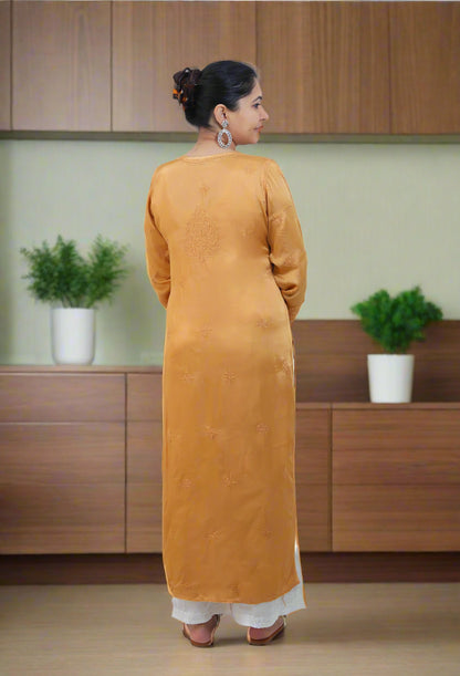 Golden Modal Satin Chikankari Kurta