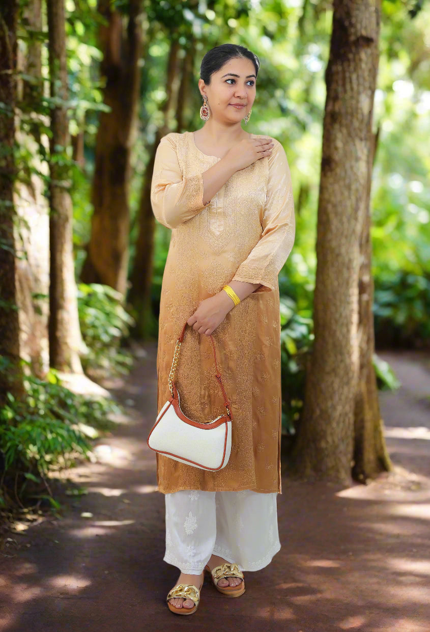Brown Ombre Modal Satin Chikankari Kurta