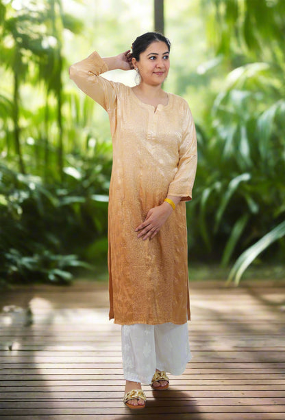 Brown Ombre Modal Satin Chikankari Kurta
