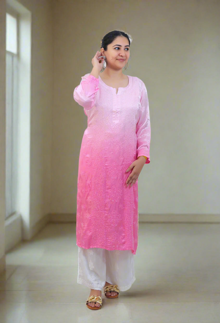 Pink Ombre Modal Satin Chikankari Kurta