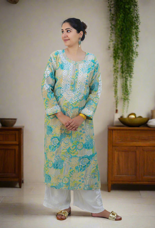 Green Cotton Chikankari Kurta