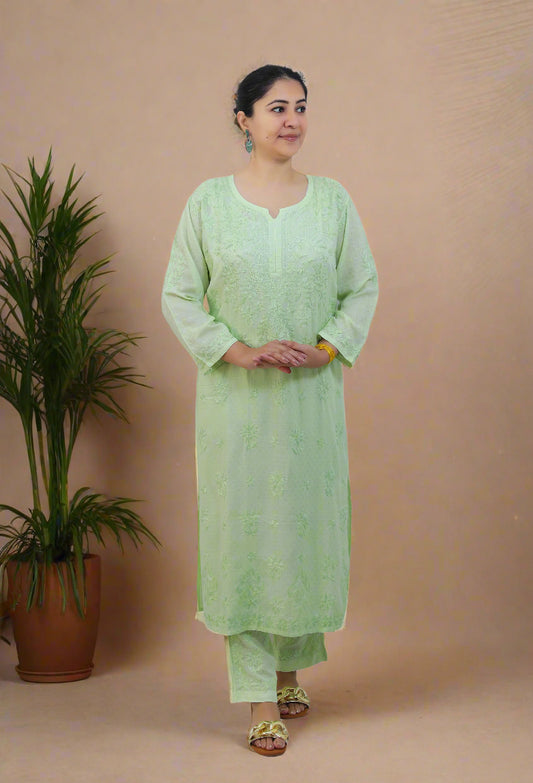 Pista Green Chikankari Modal Kurta Pant Set