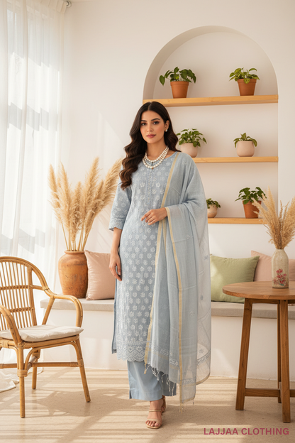Dark Grey Mul Cotton Chikankari Suit Set