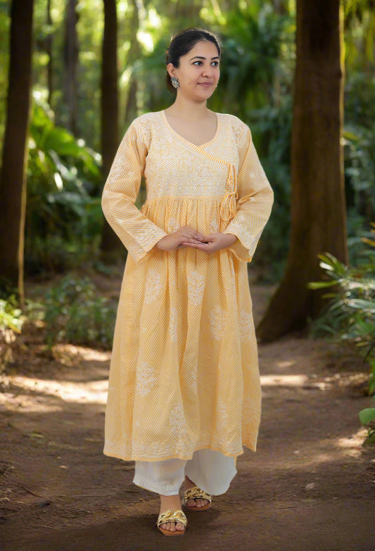 Yellow Leheriya Cotton Chikankari Kurta