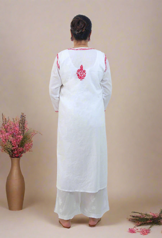 White Pink Cotton Chikankari Kurta