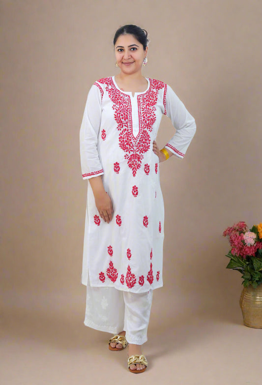 White Pink Cotton Chikankari Kurta