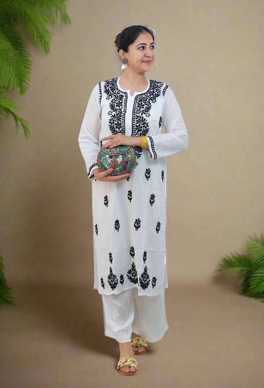 White Black Cotton Chikankari Kurta