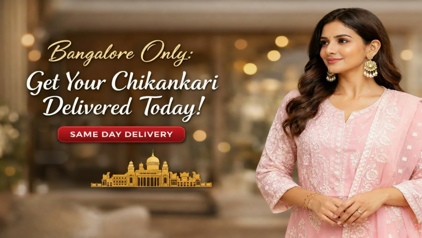 Woman in a pink traditional outfit with text about Chikankari delivery in Bangalore, featuring a scooter and temple icon.